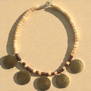 Vintage Brass Spiral Sun Disc Necklace w/ Horn & Bone Tuareg Style Made in India